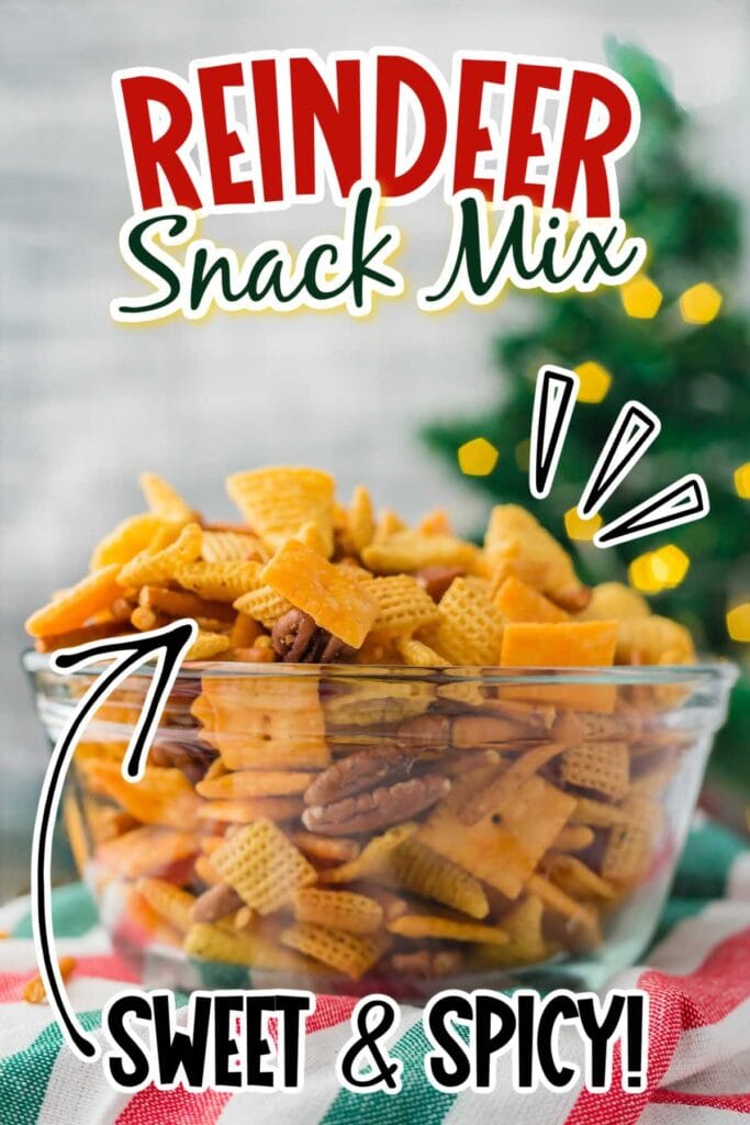 A clear bowl filled with sweet and spicy Chex mix recipe with text overlay.