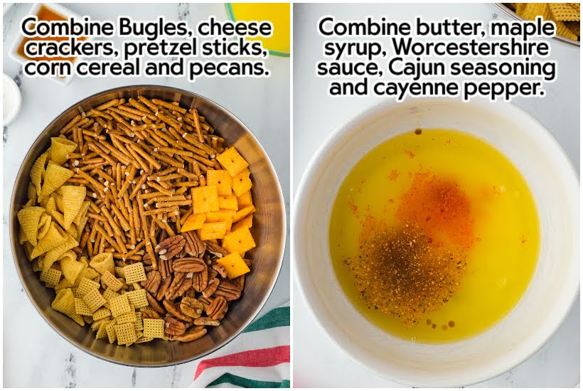Two photo collage of the crunchy ingredients in a bowl and adding the sweet and spicy seasoning mix in a separate bowl with text overlay.