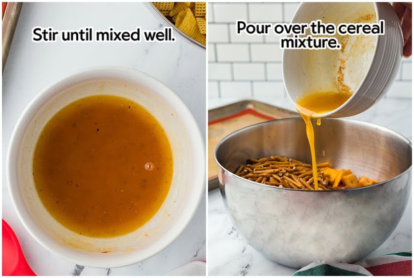 Two images of snack mix seasoning mixed together and pouring it over the snack mix ingredients with text overlay.