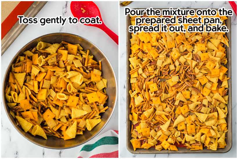 Two photo collage of the reindeer snack mix with bugles in a bowl and the baked mix on a sheet pan with text overlay.