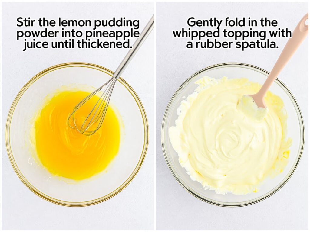 Two image collage of mixing the lemon pudding powder with pineapple juice and folding in the Cool Whip with text overlay.