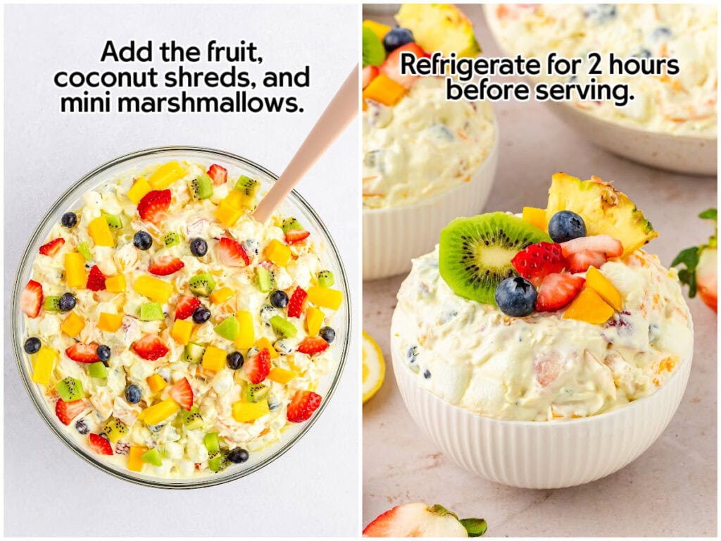 Two image collage of the rest of the creamy Hawaiian fruit salad ingredients being mixed in and the finished salad being served in a bowl after chilling with text labels.