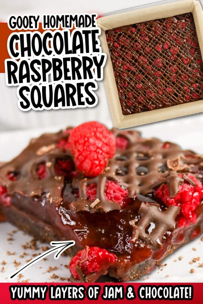 Homemade chocolate raspberry dessert bars in a pan and a bar on a plate with text overlay.