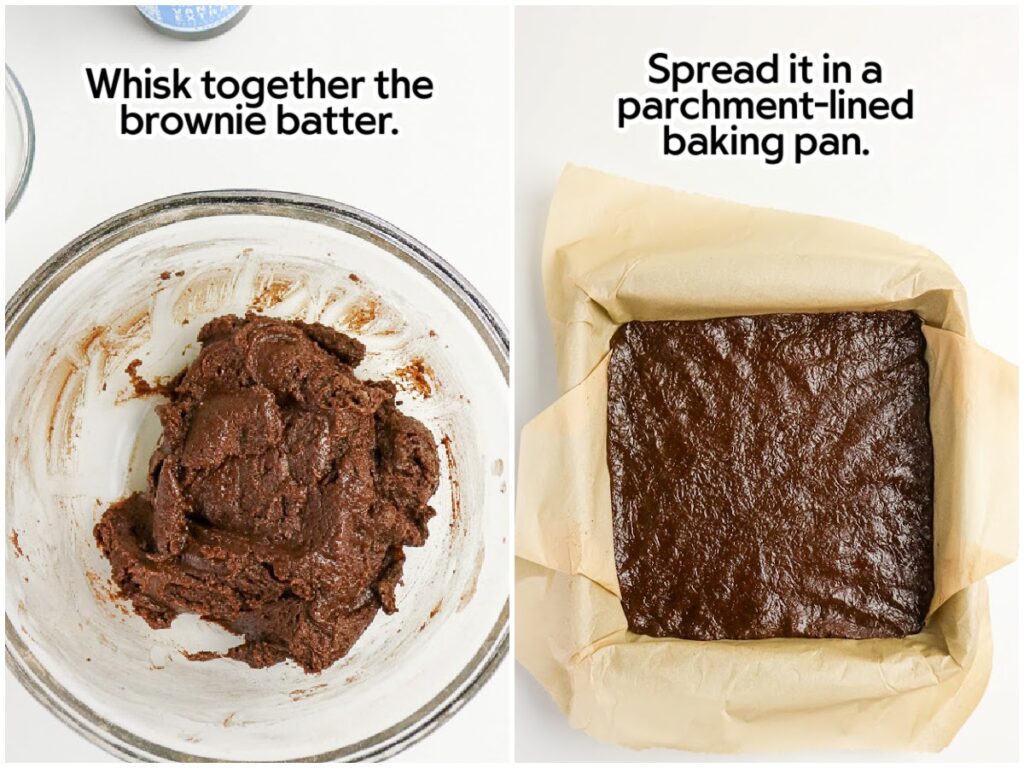 Two image collage of making the chocolate crust and pressing the dough into a parchment lined pan with text overlay.