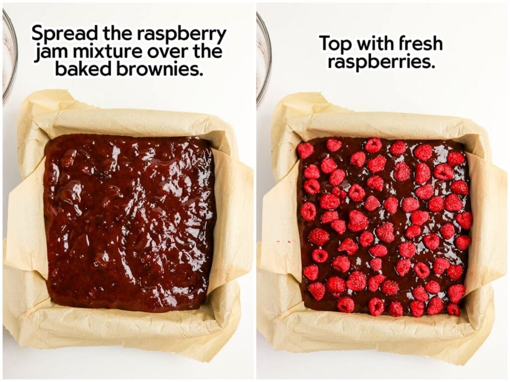 Adding the raspberry jam layer on top of the baked chocolate crust and topping with fresh berries with text overlay.