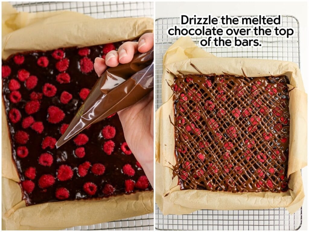 Drizzling melted chocolate over the top of the raspberry dessert squares before slicing with text overlay.