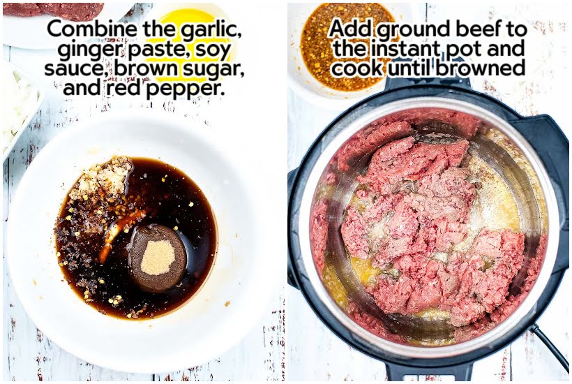 Side by side photos of making the Korean beef sauce and cooking the ground beef with text overlay.