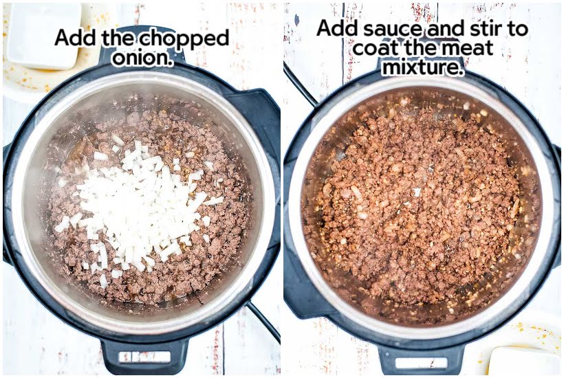 Two photo collage of adding chopped onion to the cooked ground beef and adding the sauce to the beef with text overlay.
