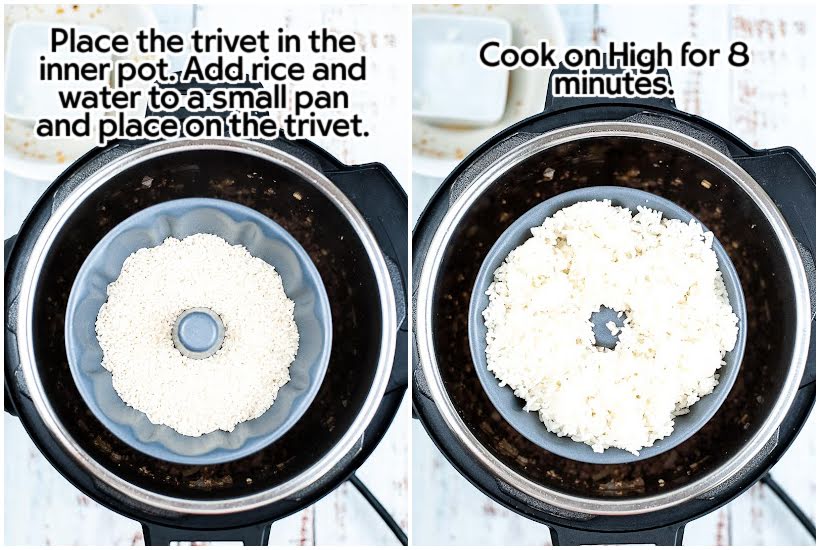 Side by side photos of adding the rice to the Instant Pot and the rice after cooking with text overlay.