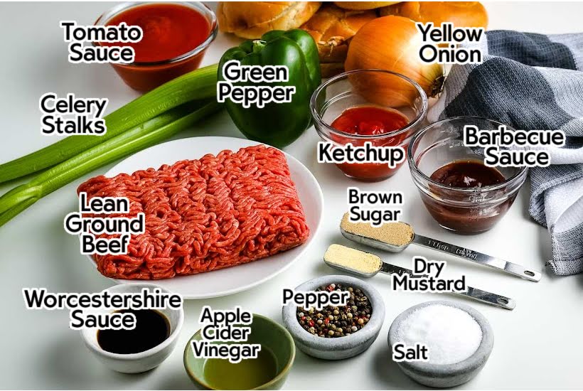 Ingredients to make homemade old fashioned sloppy joes recipe with text labels.