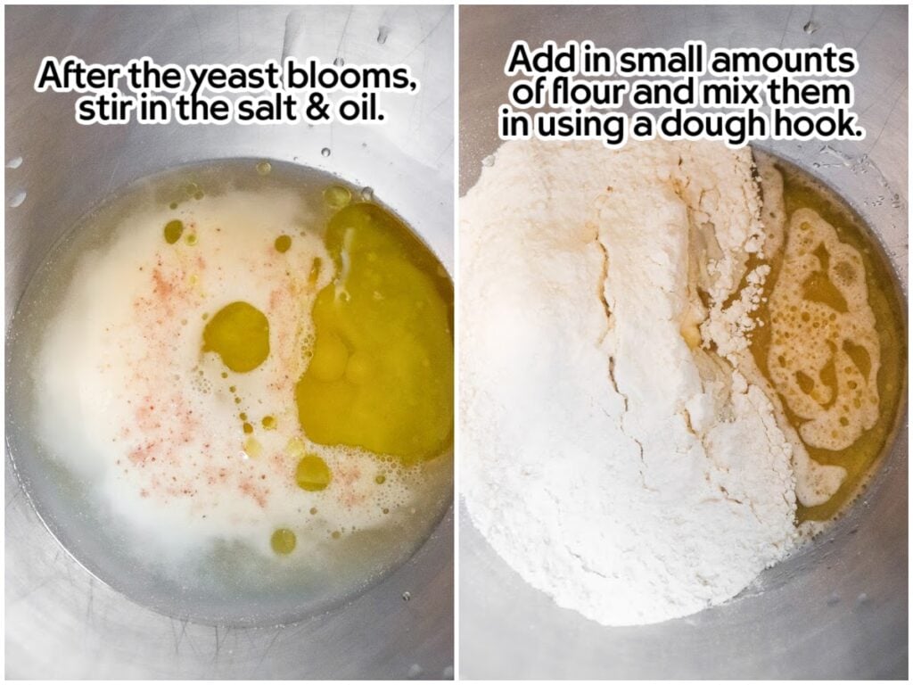 Two image collage showing the yeast blooming and making the homemade pizza dough.
