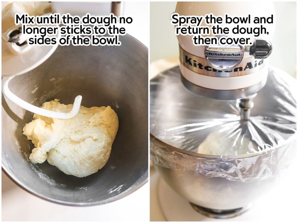 Mixing the pizza pinwheel dough in a stand mixer then covering with plastic wrap so it can rise.