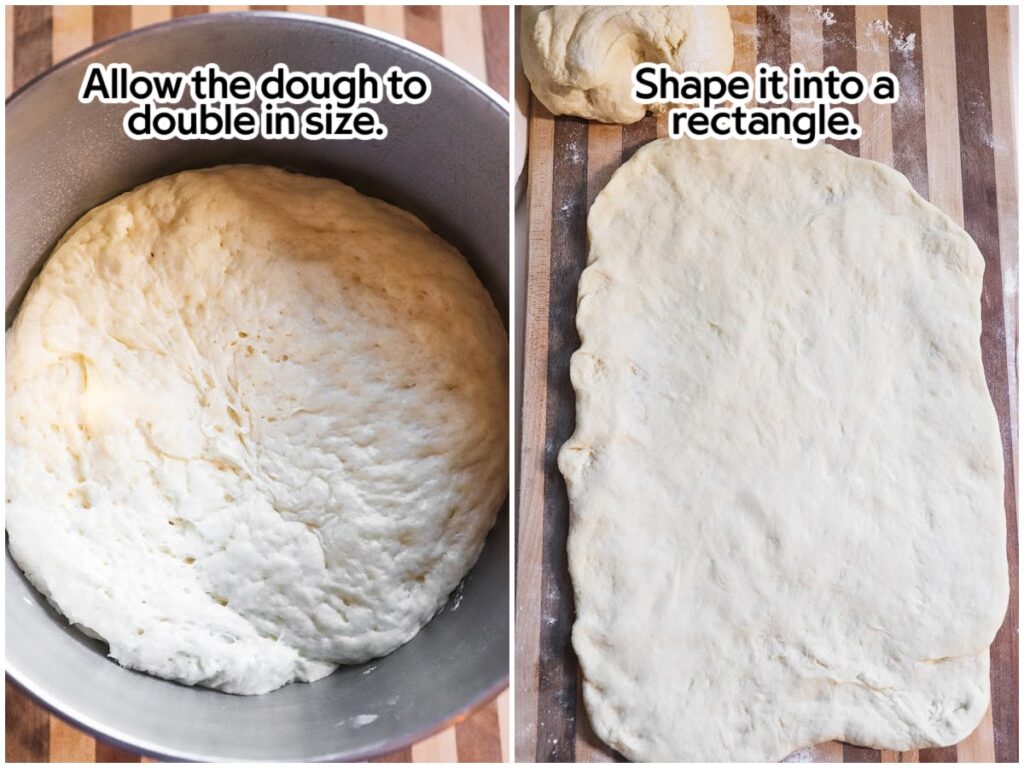Pinwheel dough in a mixing bowl for the second rise, then shaping it into a rectangle on a cutting board.