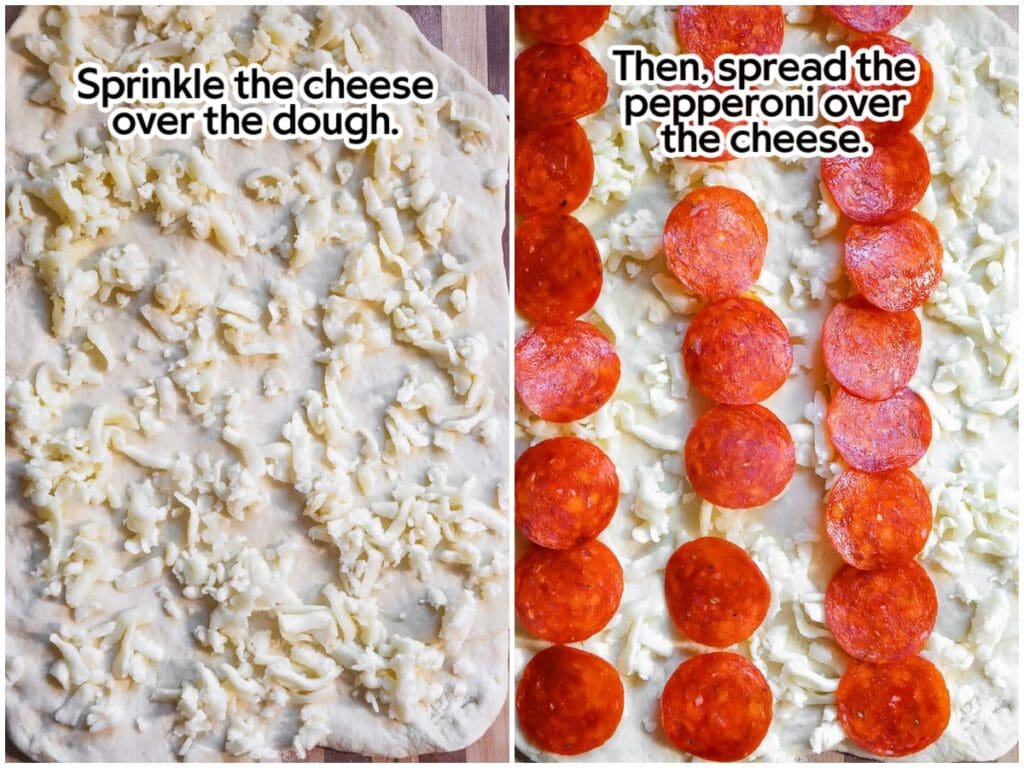 Two image collage adding the cheese and pepperoni on top of the pizza dough.