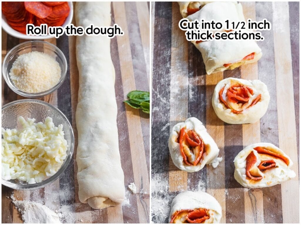 Rolling the dough into a log shape then cutting it into pepperoni pinwheels.