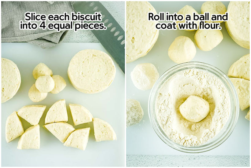 Two photo collage of cutting the Pillsbury Grands biscuits into quarters and rolling the dough balls in flour with text overlay.