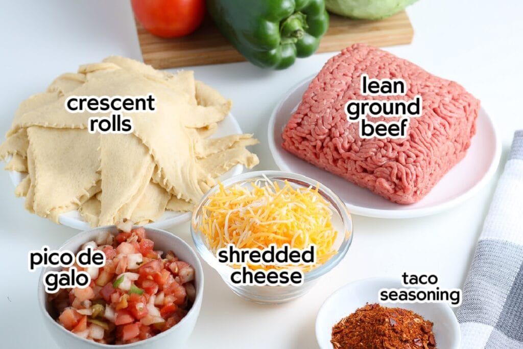 Ingredients needed to make a crescent taco ring with text labels. 