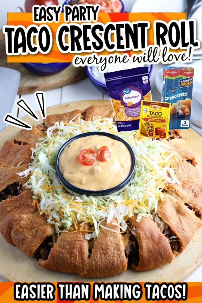 A baked crescent roll taco ring on a plate with toppings and dipping sauce in the middle with text overlay.
