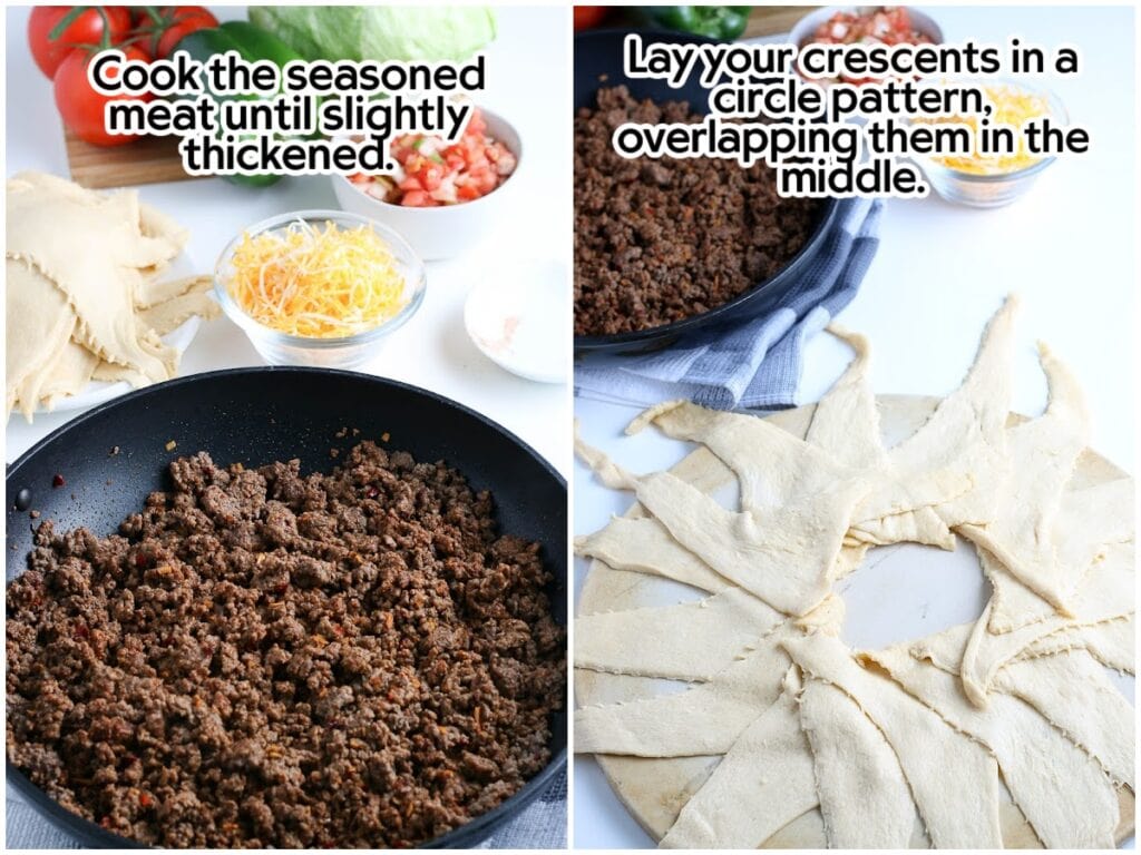 Two image collage of browning the ground beef with taco seasoning and arranging the crescent roll dough to make a ring with text overlay.