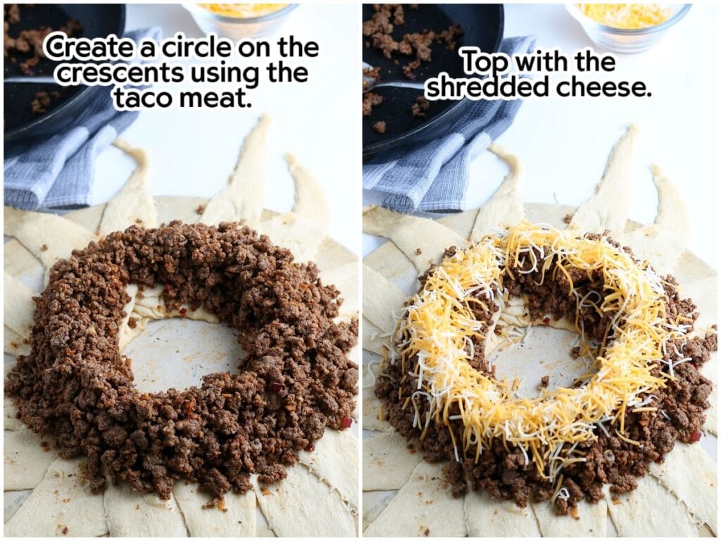 Two image collage of adding the cooked taco meat to the crescent dough and topping it with shredded cheese with text overlay.