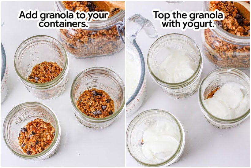Side by side images of adding granola to the jars and topping with Greek yogurt with text overlay.