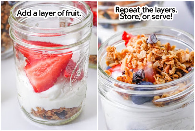 Two photo collage of adding sliced strawberries to the jars and topping with granola with text overlay.