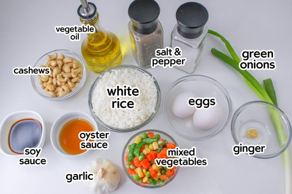 Ingredients needed to make fried rice with cashews with text labels.