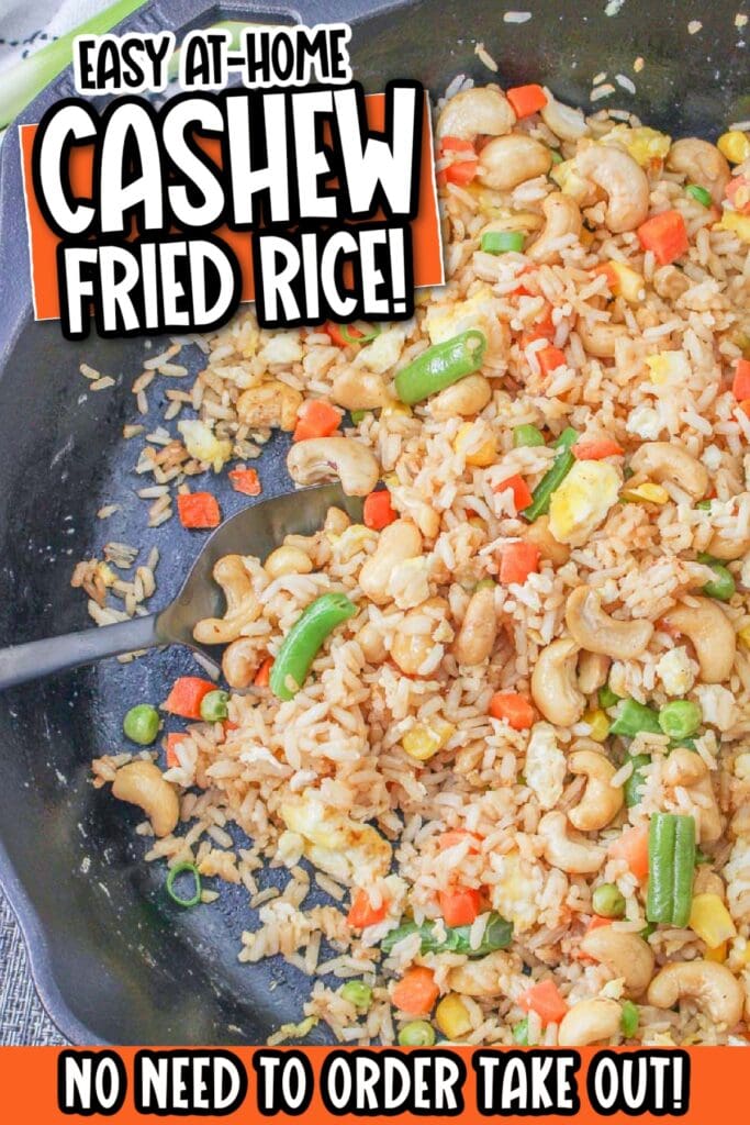 Homemade fried rice with cashews in a black pan with text overlay.