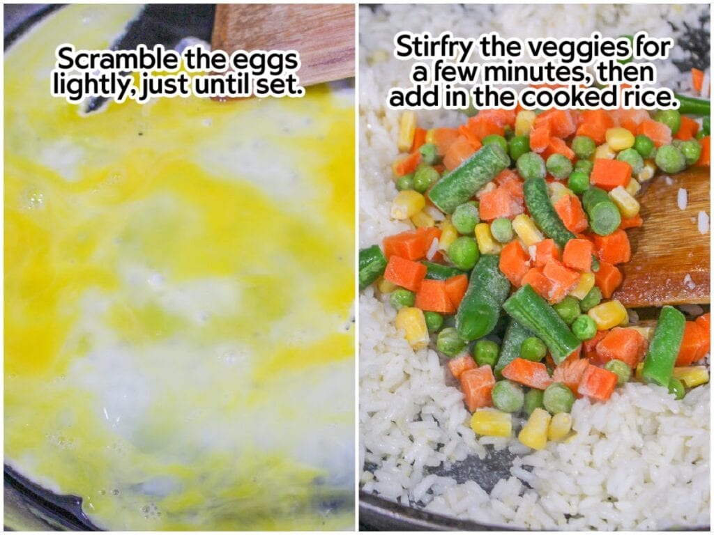 Two image collage showing the frozen veggies being mixed into the white rice, and scrambling eggs in another pan with text overlay.