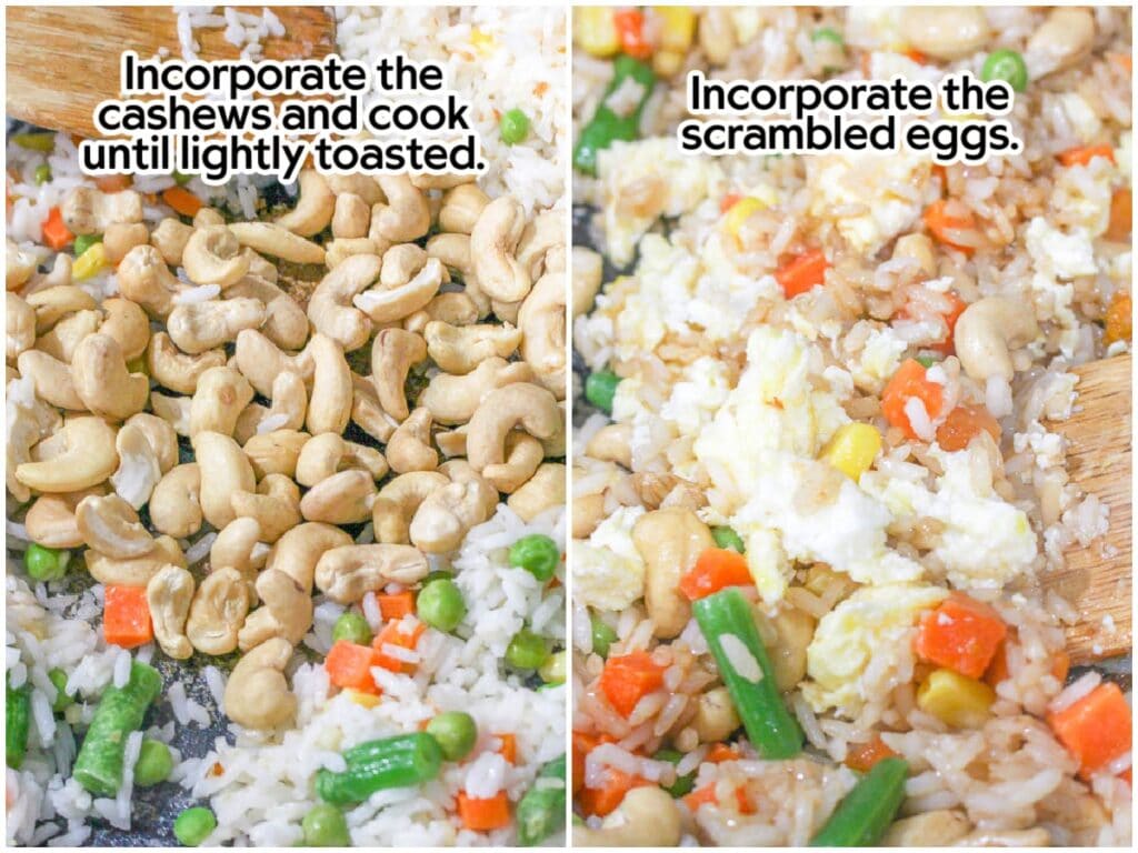 Two image collage stirring in the cooked eggs and toasted cashews to the fried rice with text labels.