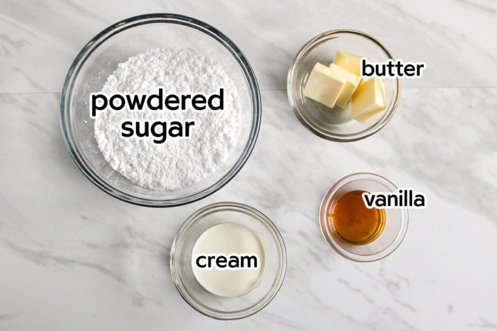 Ingredients needed to make the homemade icing to go on top of the cinnamon loaf with text labels.