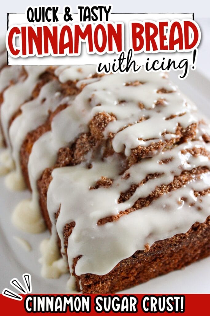 Glazed cinnamon bread on a serving tray with text overlay.