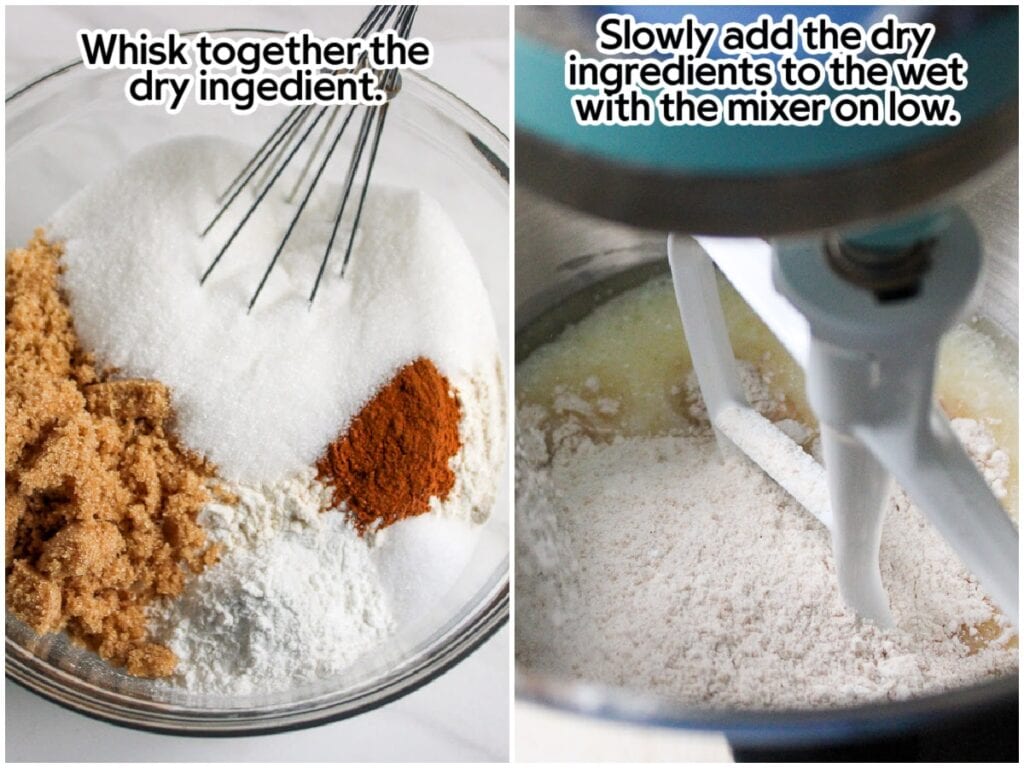 Two image collage of mixing the dry bread ingredients then combining with the wet ingredients using a stand mixer with text labels.