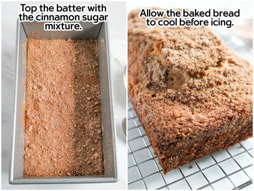 Two image collage adding the cinnamon sugar mixture on top of the quick bread batter and the cinnamon loaf cooling on the wire rack after baking with text overlay.