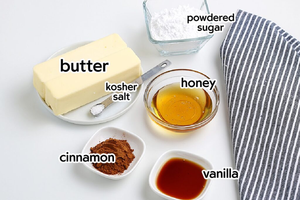 Ingredients needed to make copycat Texas Roadhouse cinnamon butter with text labels.