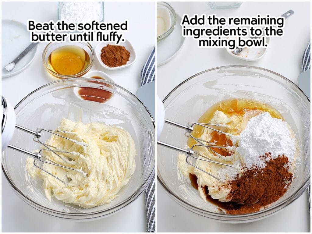 Two image collage of whipping the butter until fluffy, then adding the remaining ingredients with text labels.