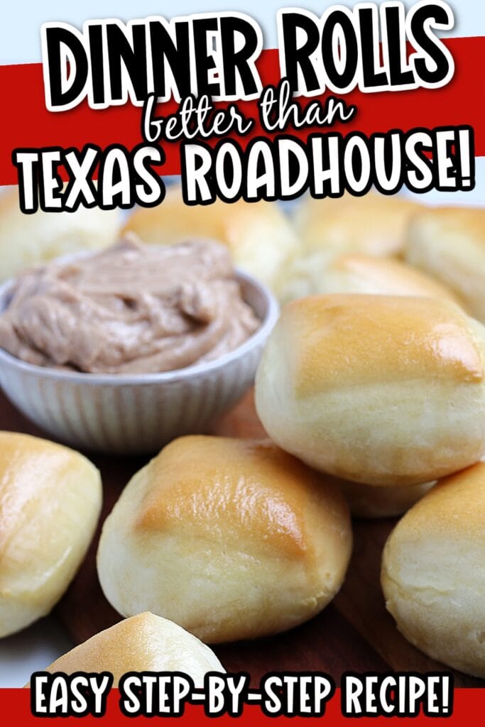 A batch of homemade Texas roadhouse rolls with copycat cinnamon honey butter with text overlay.