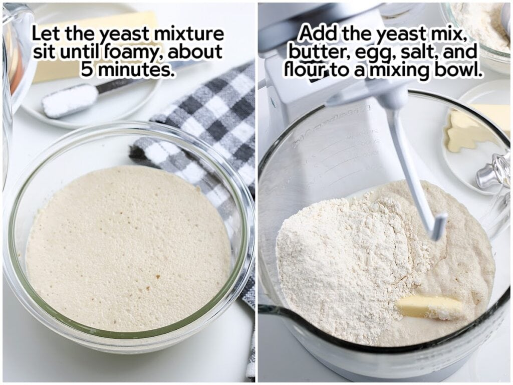 Two image collage of activating the yeast then adding to a mixing bowl with the other roll ingredients with text overlay. 