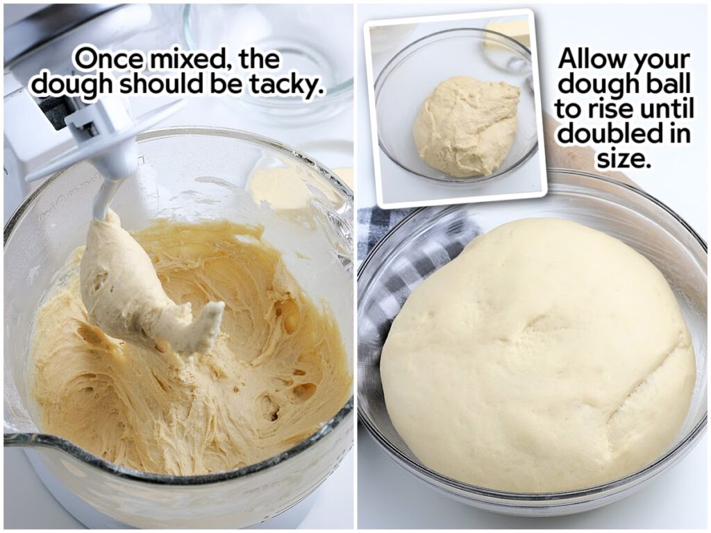 Three image collage showing the dough in a mixing bowl and after it has risen with text labels.