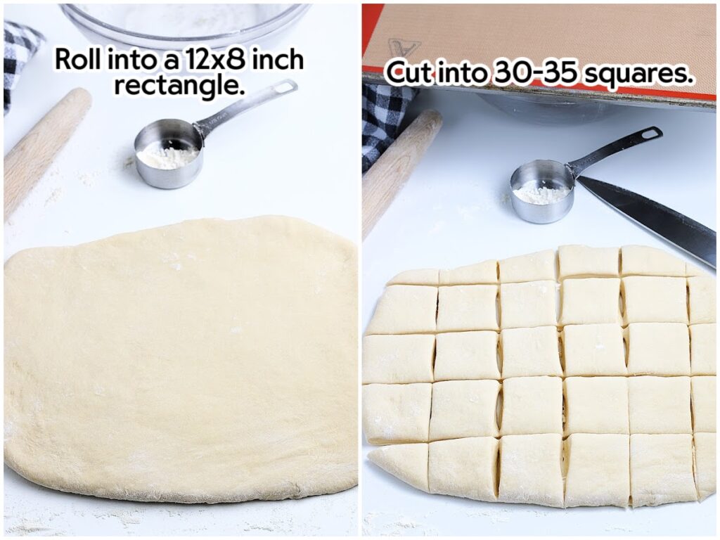 Side by side images of copycat Roadhouse rolls dough on a floured surface and the dough cut into squares with text overlay.