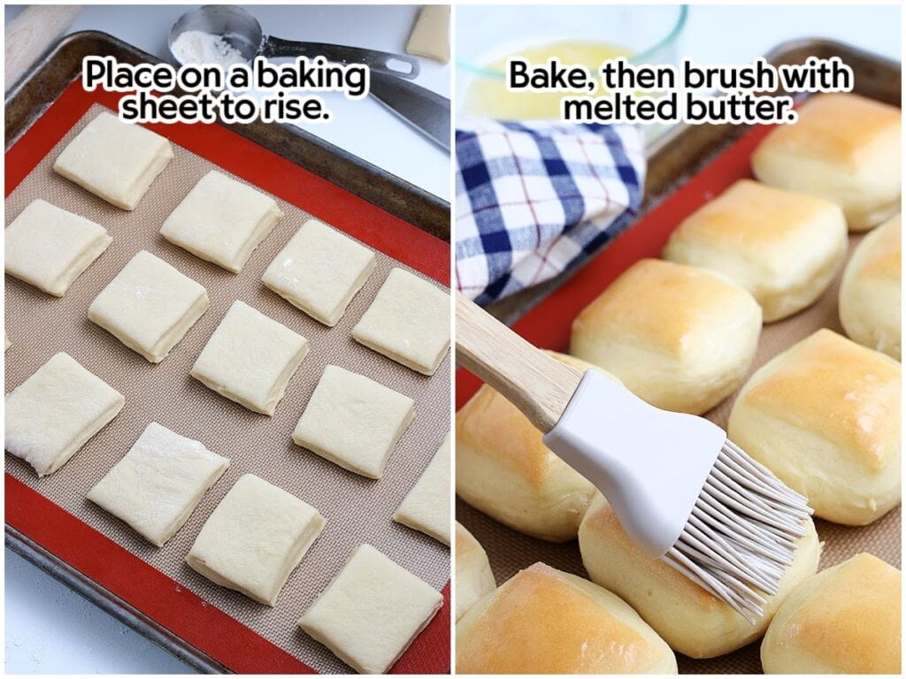 Two photo collage of the Roadhouse rolls dough on a baking sheet and the rolls after baking being brushed with butter with text labels.