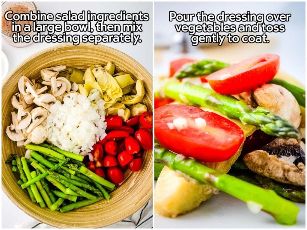 Two photo collage of combining the salad ingredients and the salad tossed with homemade vinaigrette with text overlay.