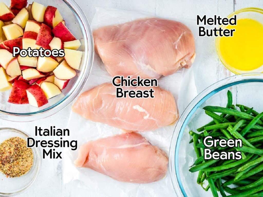 Ingredients to make Italian chicken potato green bean bake recipe with text labels.