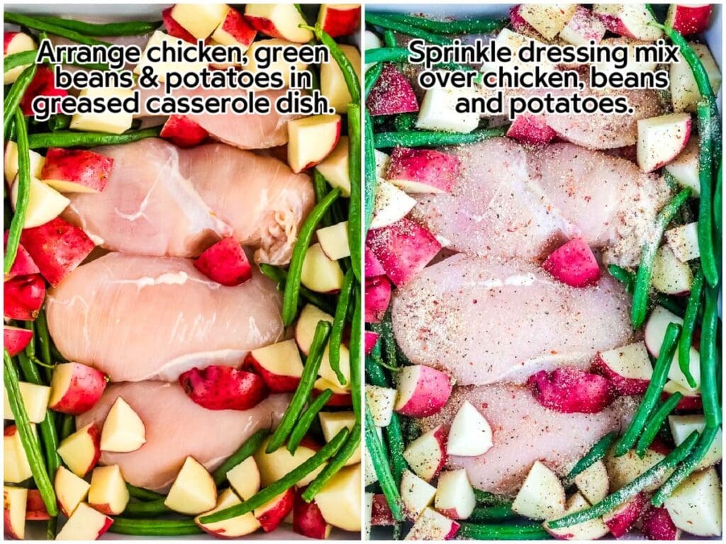 Two photo collage of adding the chicken potatoes and green beans to a sheet pan and adding the Italian seasoning over the chicken and vegetables with text overlay.