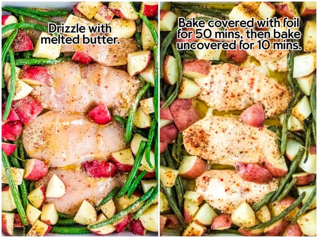 Two image collage of drizzling melted butter over the seasoned chicken potato green bean bake and the dish after baking with text overlay.