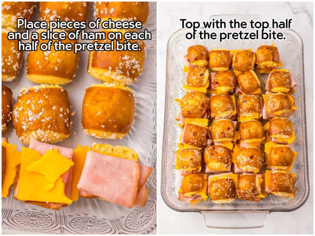 Two photo collage of assembling the mini sliders and placing them in a glass casserole dish with text overlay.