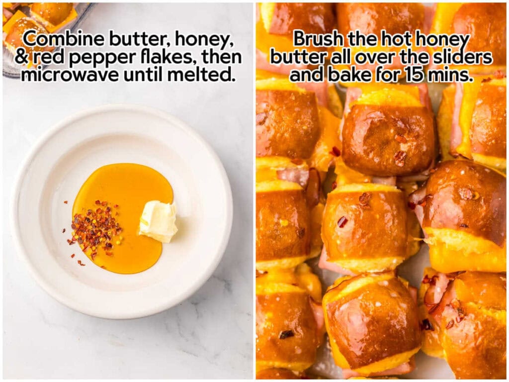 Side by side photos of the hot honey butter topping ingredients in a bowl and brushing it over the mini ham and cheese pretzel bites with text overlay.