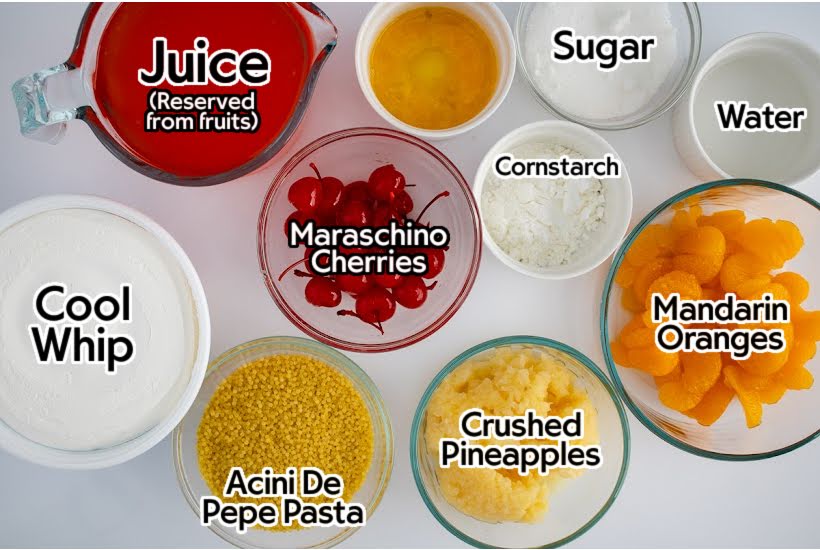 Ingredients to make acini de pepe salad recipe without marshmallows with text labels.