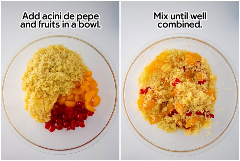 Two photo collage of cooked acini di pepe pasta with the fruits and mixed together with text overlay.