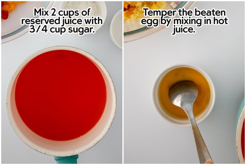 Side by side images of making the sauce and tempering the beaten egg with text labels.